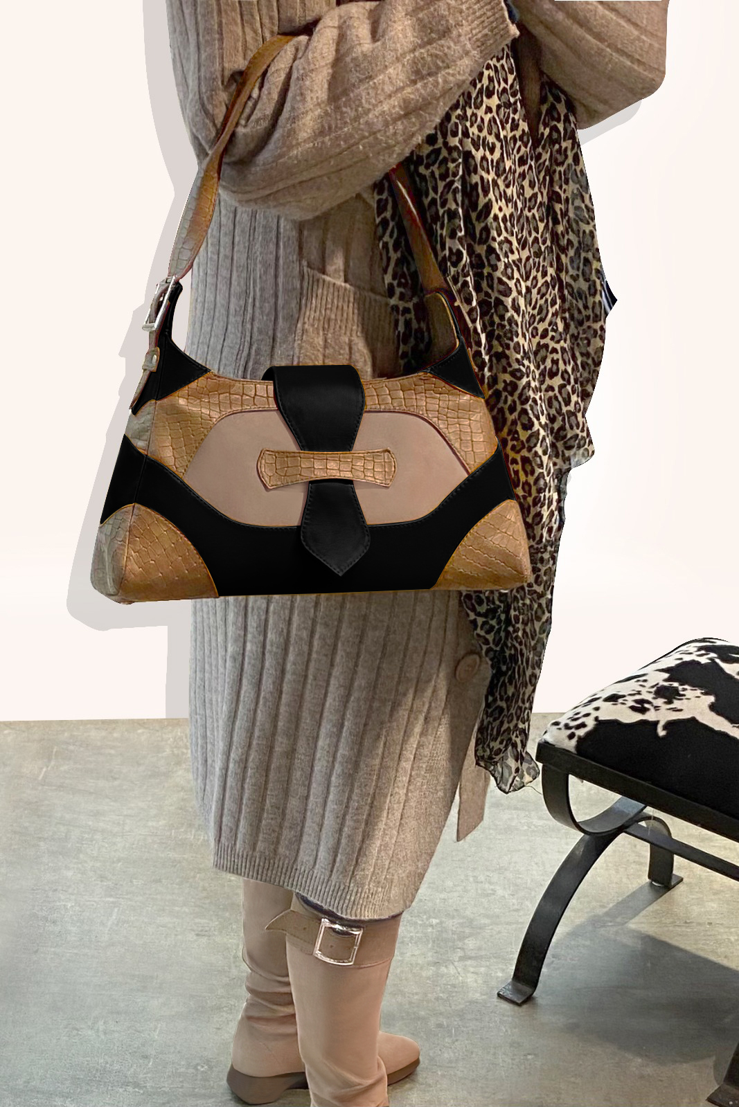 Dress handbag in camel beige, biscuit beige and matt black leather - Worn view